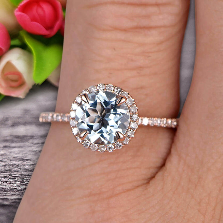 1.50 Carat Round Cut Aquamarine Engagement Ring Wedding Anniversary Gift On 10k Rose Gold Halo Design