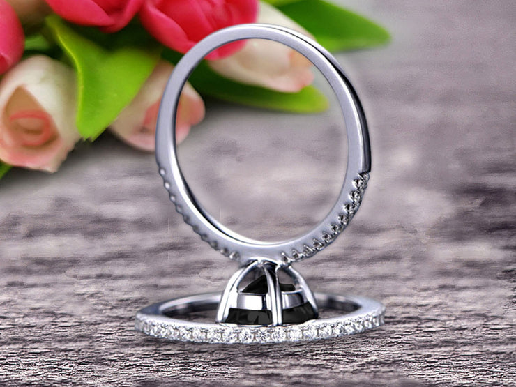 Round Cut 1.50 Carat Stacking Matching Band Black Diamond Moissanite Engagement Ring Bridal Set Anniversary Gift 10k White Gold 