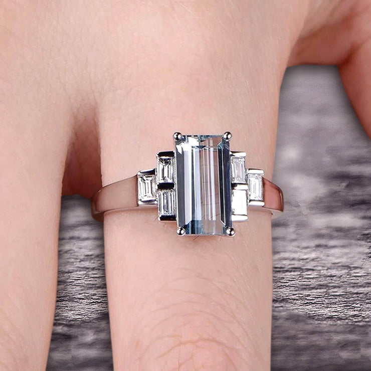 Emerald Cut 1.25 Carat Aquamarine Engagement Ring Anniversary Gift in 10k White Gold