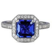 Antique 1 Carat princess cut Sapphire and Moissanite Diamond Engagement Ring in White Gold