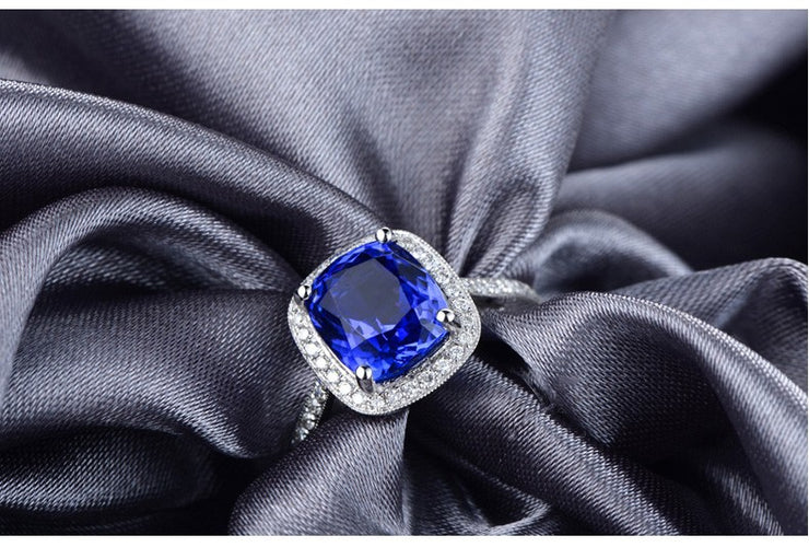 Antique 1.50 Carat cushion cut Sapphire and Moissanite Diamond Halo Engagement Ring in White Gold