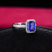 Antique 1.50 Carat emerald cut Blue Sapphire and Moissanite Diamond Halo Engagement Ring in White Gold