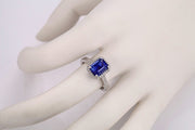 Antique 1.50 Carat emerald cut Blue Sapphire and Moissanite Diamond Halo Engagement Ring in White Gold