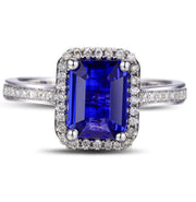 Antique 1.50 Carat emerald cut Blue Sapphire and Moissanite Diamond Halo Engagement Ring in White Gold