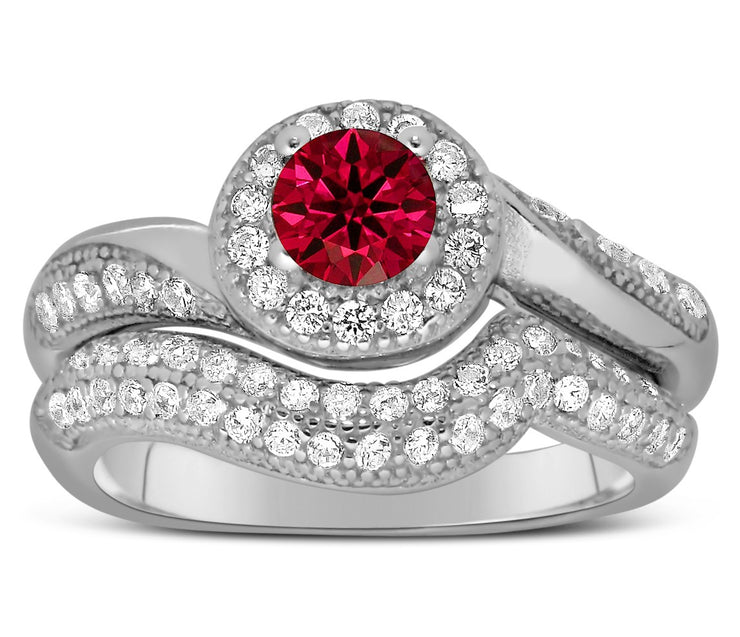 Antique Designer 2 Carat Red Ruby and Moissanite Diamond Bridal Ring Set for Her in White Gold