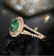 Antique double Halo 2 Carat Emerald and Moissanite Diamond Engagement Ring in Yellow Gold