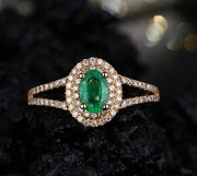 Antique double Halo 2 Carat Emerald and Moissanite Diamond Engagement Ring in Yellow Gold