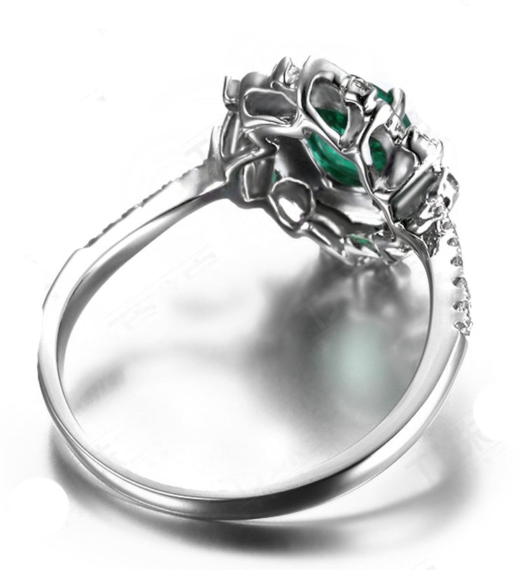 Antique Floral 1.50 Carat Emerald and Moissanite Diamond Engagement Ring in White Gold