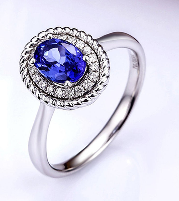 Antique Sapphire and Moissanite Diamond Halo Engagement Ring with 1.25 Carat weight in White Gold