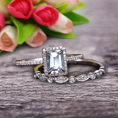1.75 carat Classic Emerald Cut 10k White Gold, Art Deco Milgrain Bridal Aquamarine Wedding Diamond Ring Set
