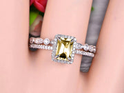 1.75 carat Classic Emerald Cut 10k White Gold, Art Deco Milgrain Bridal Champagne Diamond Moissanite Wedding Diamond Ring Set