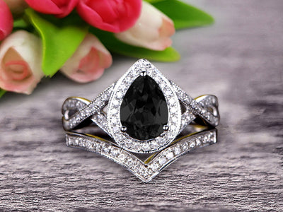  1.75 Carat Pear Shape Teardrop Black Diamond Moissanite Bridal Set Diamond Wedding Ring On 10k White Gold