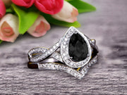  1.75 Carat Pear Shape Teardrop Black Diamond Moissanite Bridal Set Diamond Wedding Ring On 10k White Gold