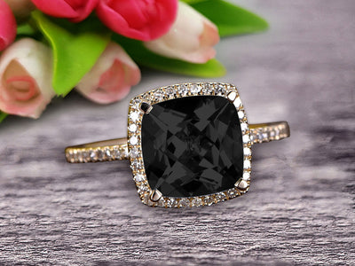  1.50 Carat Cushion Cut Black Diamond Moissanite Diamond Engagement Ring On 10k Black Diamond Moissanite Yellow Gold Ring