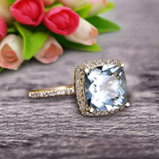  1.50 Carat Cushion Cut Aquamarine Diamond Engagement Ring On 10k Aquamarine Yellow Gold Ring