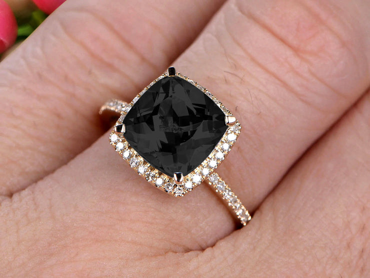  1.50 Carat Cushion Cut Black Diamond Moissanite Diamond Engagement Ring On 10k Black Diamond Moissanite Yellow Gold Ring