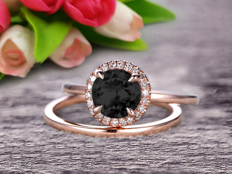 1.25 Carat Round Cut Black Diamond Moissanite Engagement Ring with Plain Matching Band On 10k Rose Gold 