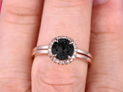 1.25 Carat Round Cut Black Diamond Moissanite Engagement Ring with Plain Matching Band On 10k Rose Gold 