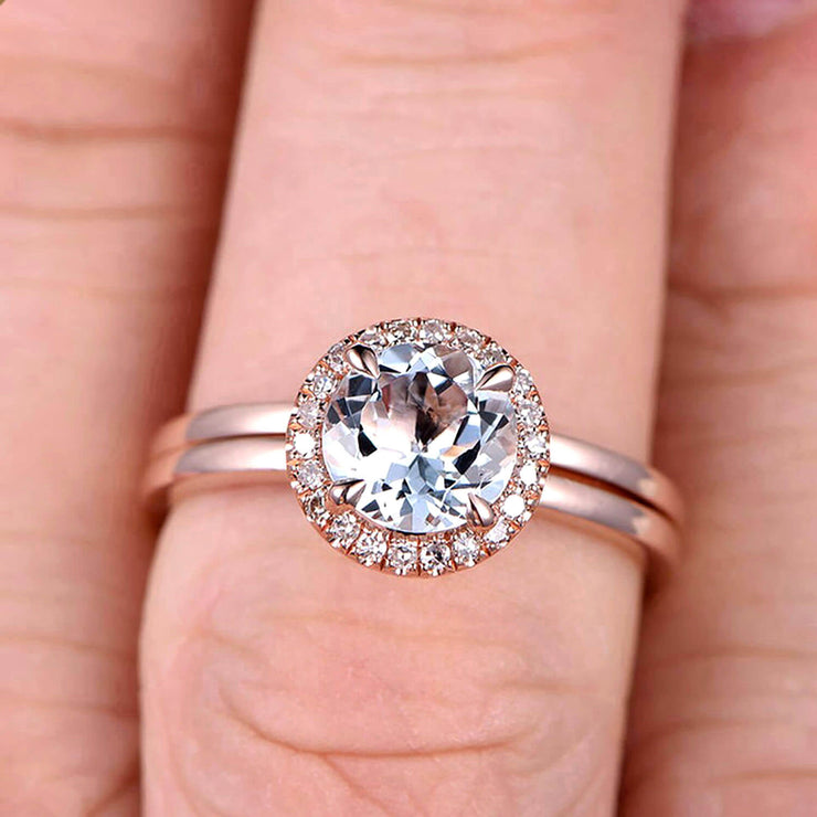 1.25 Carat Round Cut Aquamarine Engagement Ring with Plain Matching Band On 10k Rose Gold 