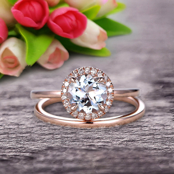 1.25 Carat Round Cut Aquamarine Engagement Ring with Plain Matching Band On 10k Rose Gold 