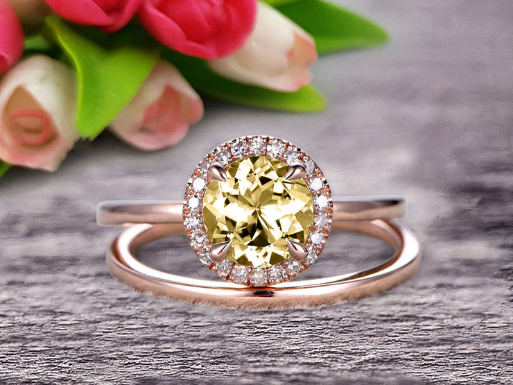 1.25 Carat Round Cut Champagne Diamond Moissanite Engagement Ring with Plain Matching Band On 10k Rose Gold 