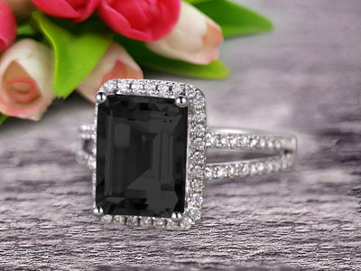 1.50 Carat Emerald Cut Black Diamond Moissanite Engagement Ring Diamond Wedding Ring on 10k White Gold