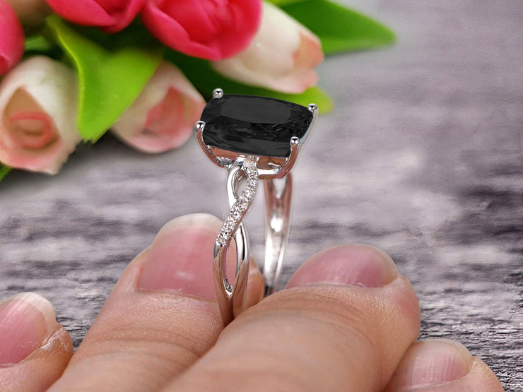 Art Deco 1.25 Carat Cushion Black Diamond Moissanite Engagement Ring on 10k White Gold