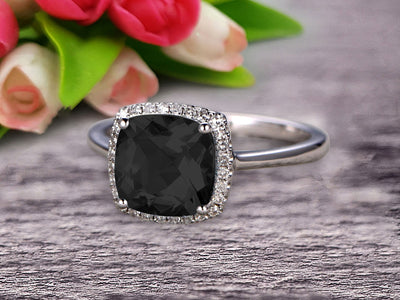 1.25 Carat Cushion Black Diamond Moissanite Engagement Ring on 10k White Gold Halo