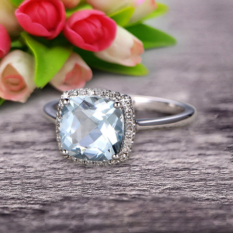 1.25 Carat Cushion Aquamarine Engagement Ring on 10k White Gold Halo