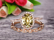 1.75 Carat Round Cut Champagne Diamond Moissanite Bridal Ring Set With Matching Wedding Band On 10k Rose Gold Art Deco