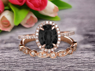 1.75 Carat Round Cut Black Diamond Moissanite Bridal Ring Set With Matching Wedding Band On 10k Rose Gold Art Deco