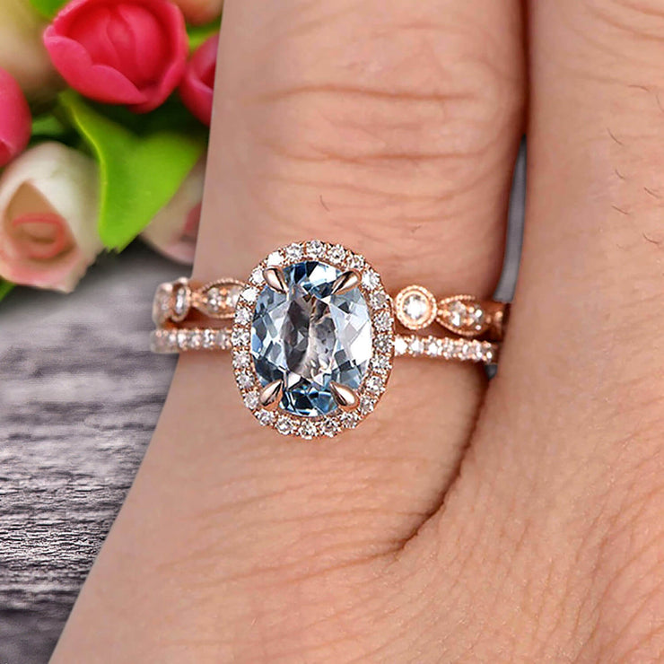 1.75 Carat Round Cut Aquamarine Bridal Ring Set With Matching Wedding Band On 10k Rose Gold Art Deco