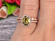 1.75 Carat Round Cut Champagne Diamond Moissanite Bridal Ring Set With Matching Wedding Band On 10k Rose Gold Art Deco