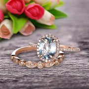 1.75 Carat Round Cut Aquamarine Bridal Ring Set With Matching Wedding Band On 10k Rose Gold Art Deco