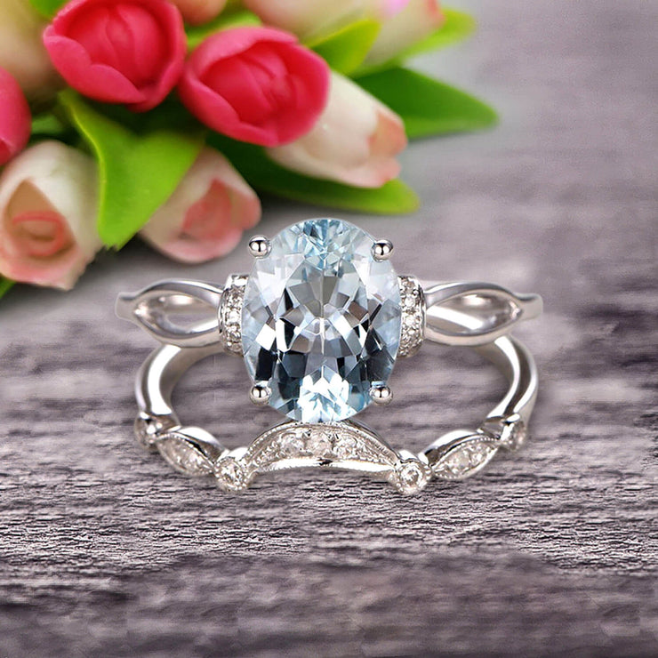 1.50 Carat Oval Cut Aquamarine Bridal Ring Set With Curved Loop Stacking Matching Wedding Band On 10k White Gold