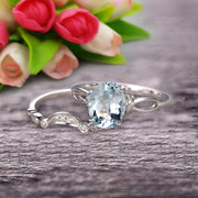 1.50 Carat Oval Cut Aquamarine Bridal Ring Set With Curved Loop Stacking Matching Wedding Band On 10k White Gold