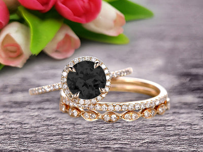 Round Cut 2 Carat Black Diamond Moissanite Trio Ring Set Thin Stacking Matching Wedding Band 10k Yellow Gold Art Deco 