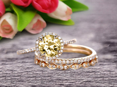 Round Cut 2 Carat Champagne Diamond Moissanite Trio Ring Set Thin Stacking Matching Wedding Band 10k Yellow Gold Art Deco 