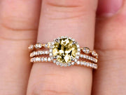 Round Cut 2 Carat Champagne Diamond Moissanite Trio Ring Set Thin Stacking Matching Wedding Band 10k Yellow Gold Art Deco 