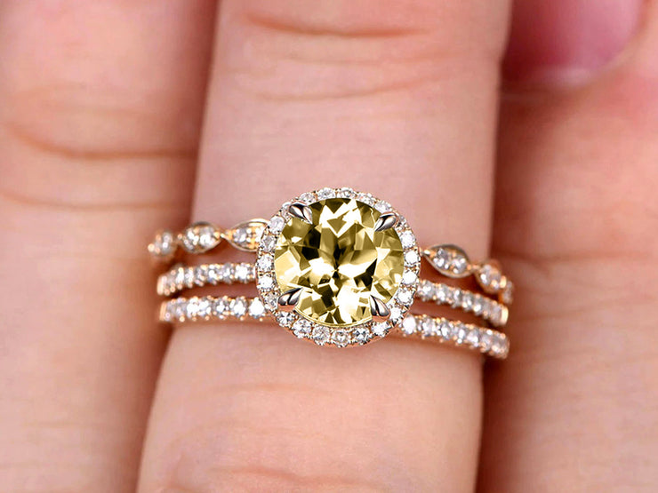 Round Cut 2 Carat Champagne Diamond Moissanite Trio Ring Set Thin Stacking Matching Wedding Band 10k Yellow Gold Art Deco 