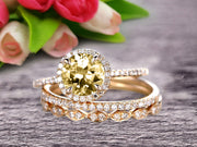 Round Cut 2 Carat Champagne Diamond Moissanite Trio Ring Set Thin Stacking Matching Wedding Band 10k Yellow Gold Art Deco 