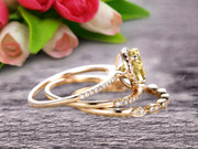 Round Cut 2 Carat Champagne Diamond Moissanite Trio Ring Set Thin Stacking Matching Wedding Band 10k Yellow Gold Art Deco 