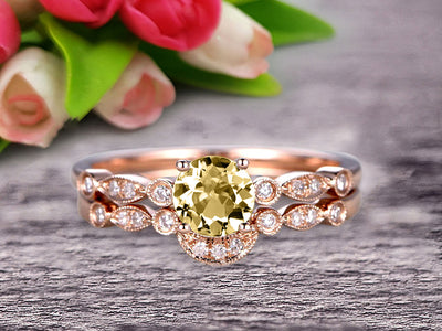 1.50 Carat Round Cut Champagne Diamond Moissanite Bridal Set Engagement Ring With Matching Band 10k Rose Gold Art Deco Vintage Look