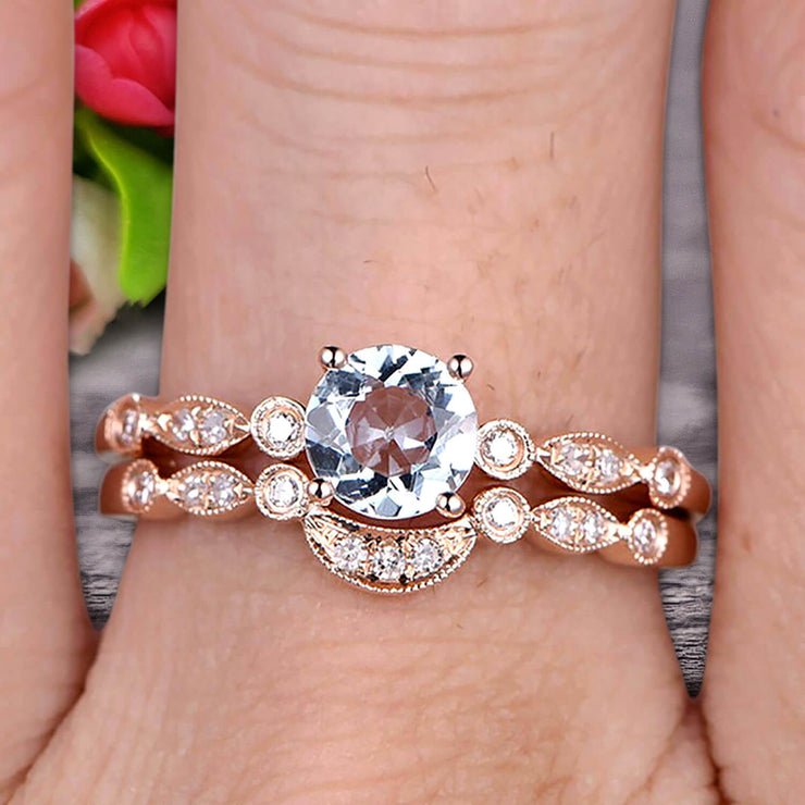 1.50 Carat Round Cut Aquamarine Bridal Set Engagement Ring With Matching Band 10k Rose Gold Art Deco Vintage Look