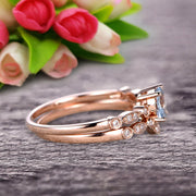 1.50 Carat Round Cut Aquamarine Bridal Set Engagement Ring With Matching Band 10k Rose Gold Art Deco Vintage Look