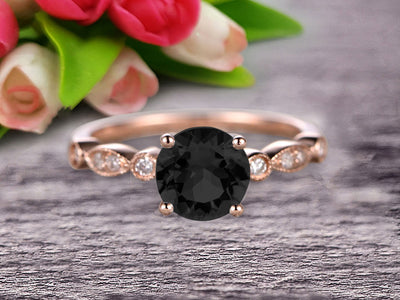 1.25 Carat Round Cut Black Diamond Moissanite Engagement Ring On 10k Rose Gold Art Deco Antique