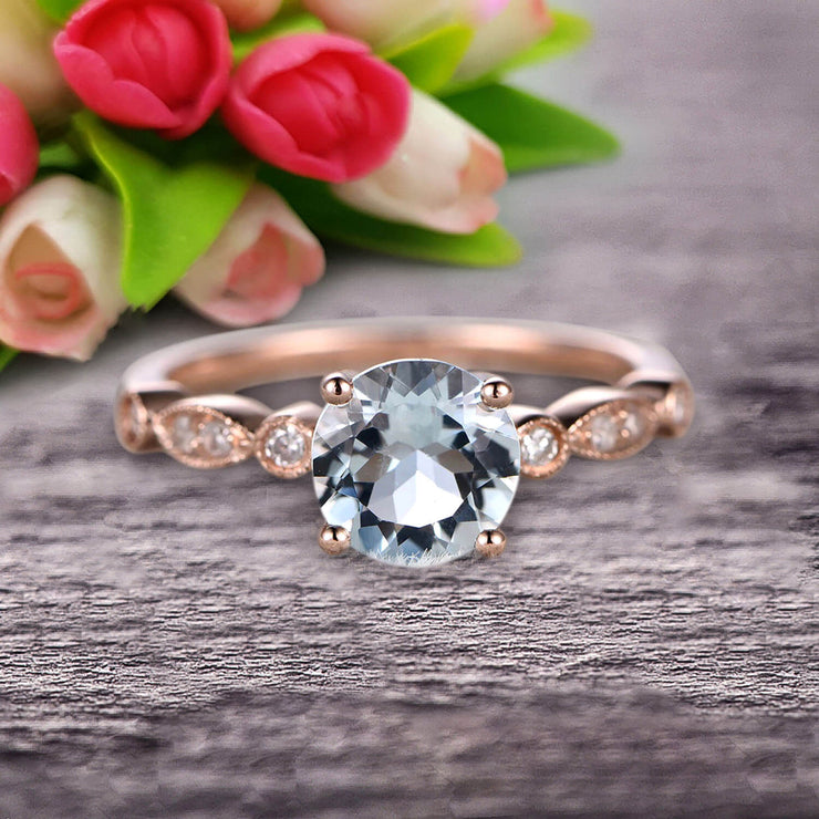 1.25 Carat Round Cut Aquamarine Engagement Ring On 10k Rose Gold Art Deco Antique