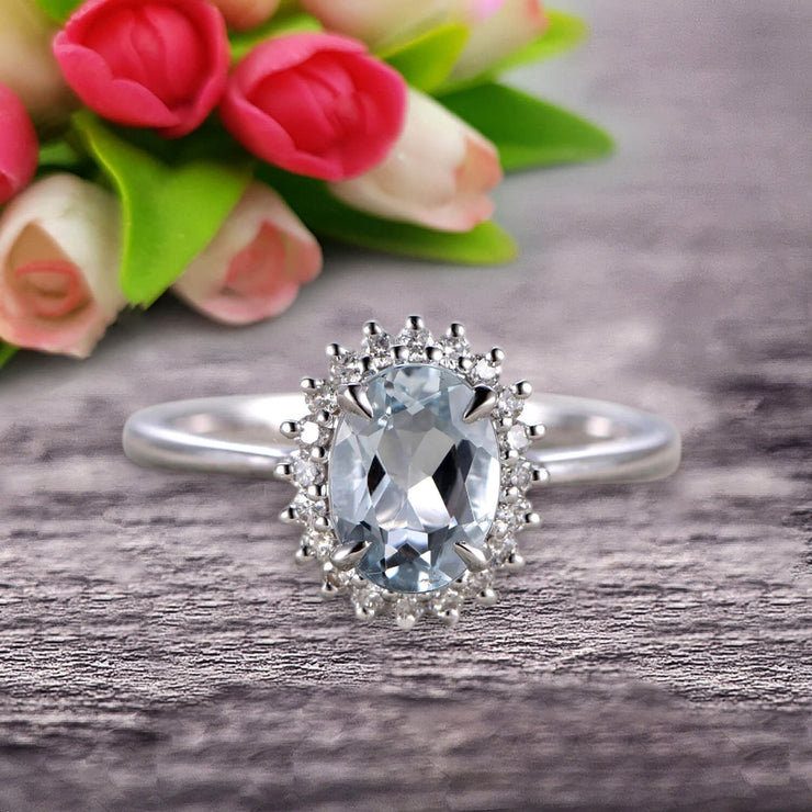 1.25 Carat Oval Cut Aquamarine Engagement Ring With 10k White Gold Halo Flower Prong Set