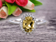 1.25 Carat Oval Cut Champagne Diamond Moissanite Engagement Ring With 10k White Gold Halo Flower Prong Set