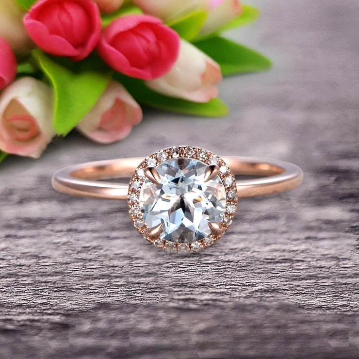 1.25 Carat Round Cut Aquamarine Engagement Ring On 10k Rose Gold Halo Antique Design